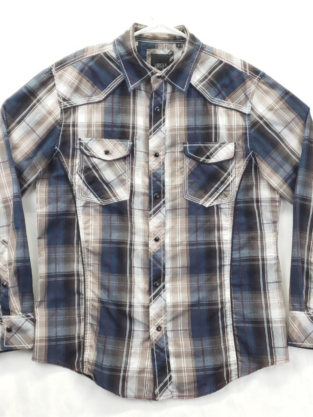 Various Artists Western Shirt Mens Medium Brown Blue Plaid Cotton Pearl Snap